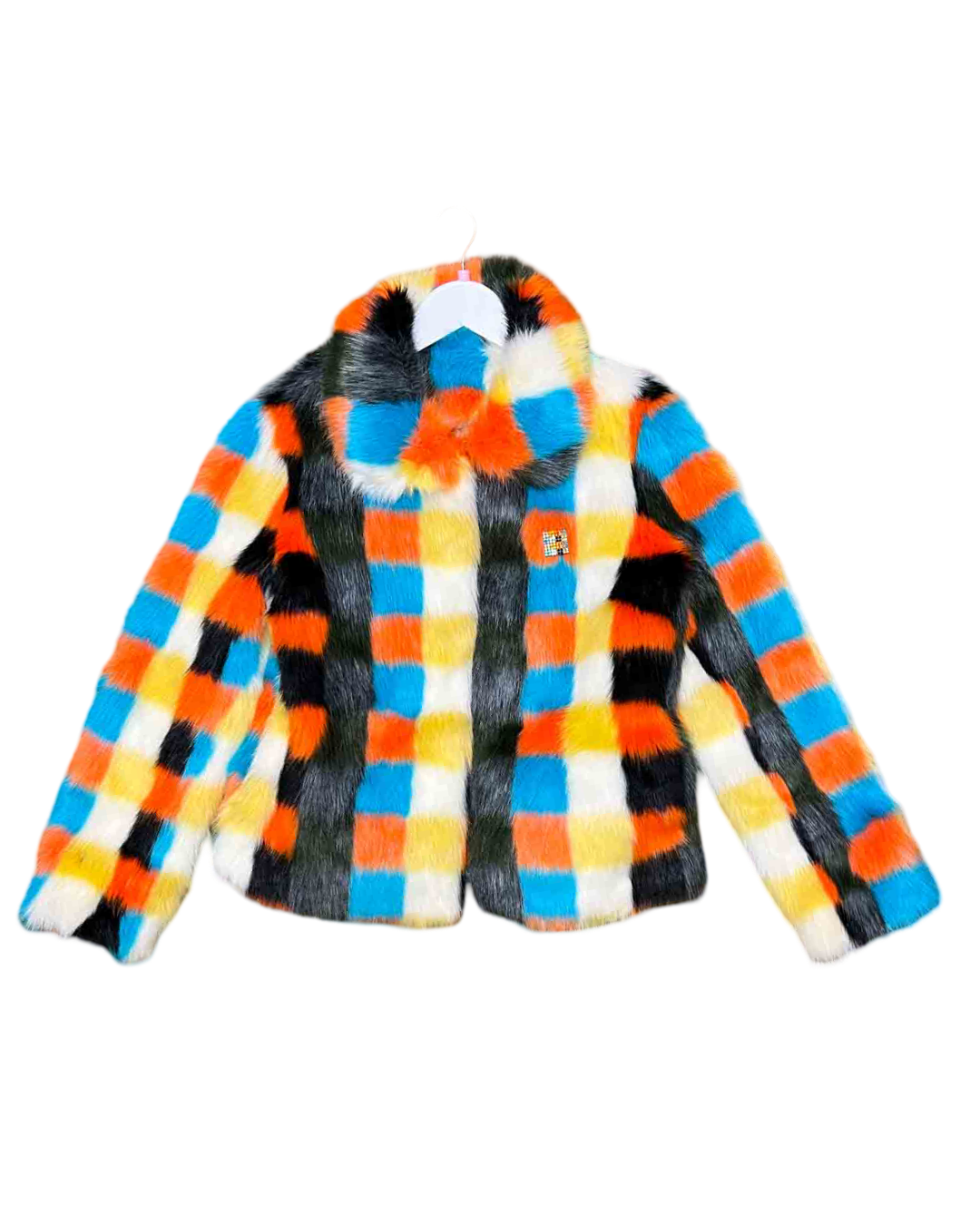 Size 8 | Shrimps "Little Star" Check Faux Fur Coat