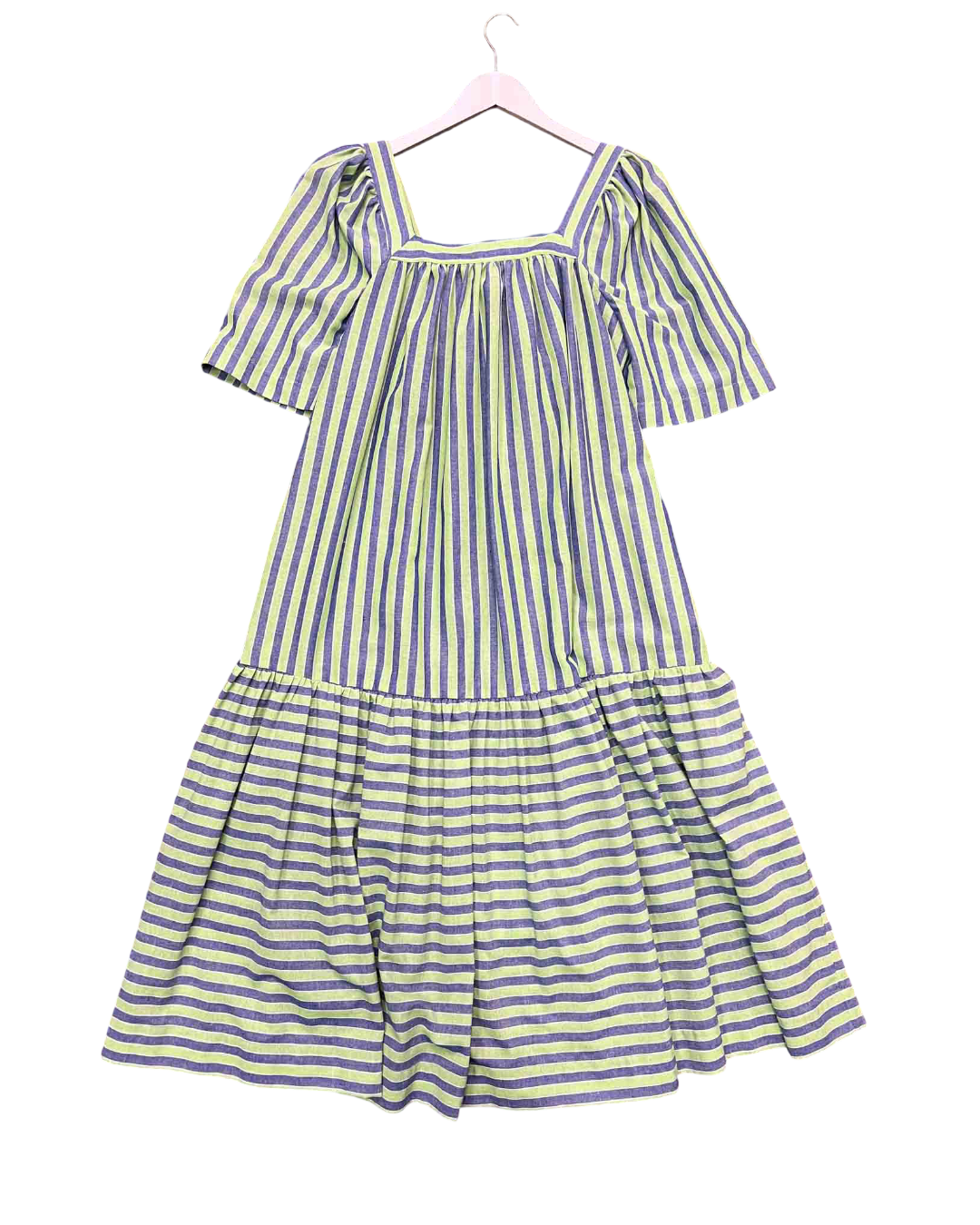 Size S | Obus Green and Blue Striped Linen Midi Dress