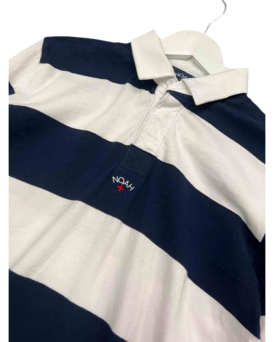 Size M | Noah White and Navy Striped Rugby Polo