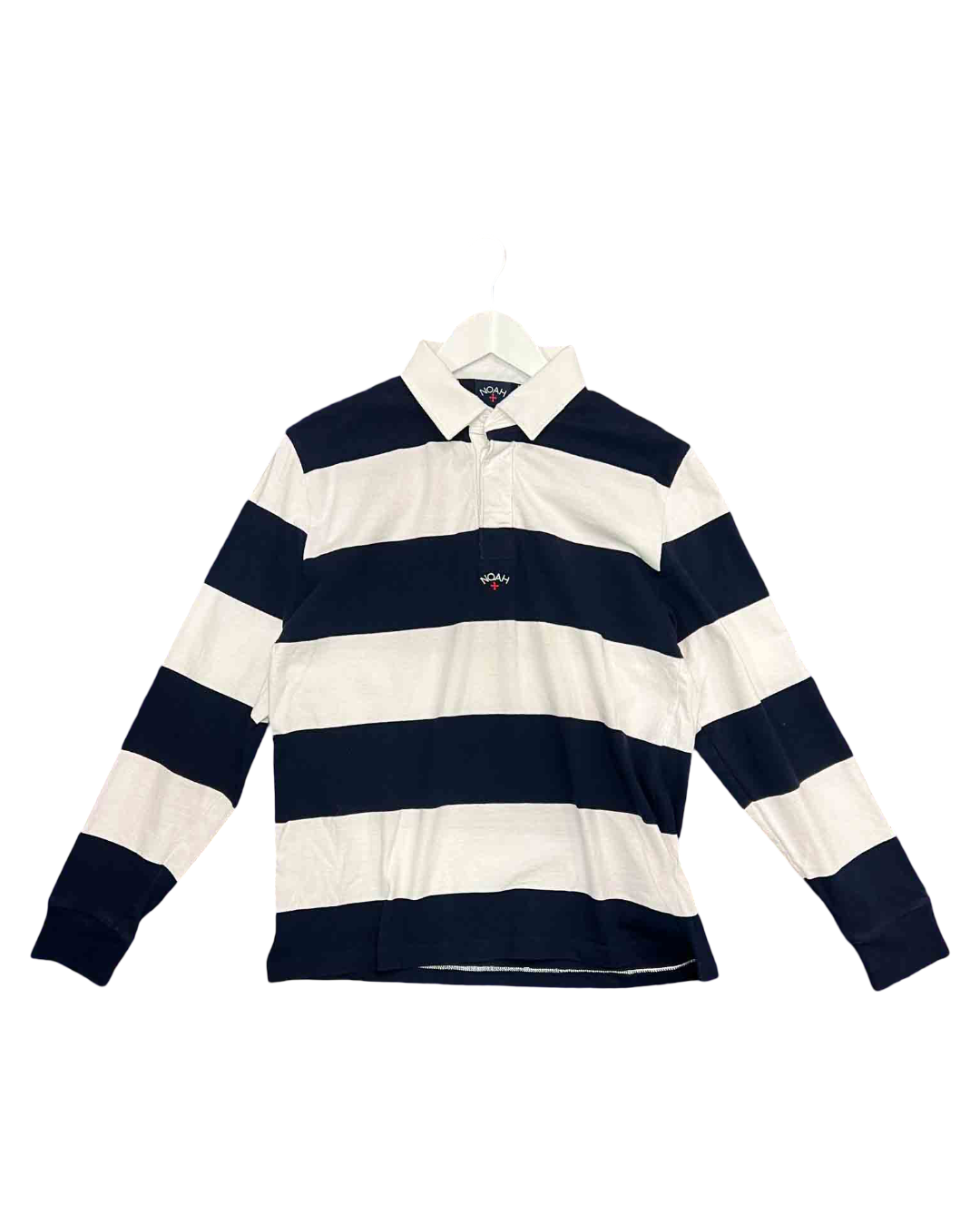 Size M | Noah White and Navy Striped Rugby Polo
