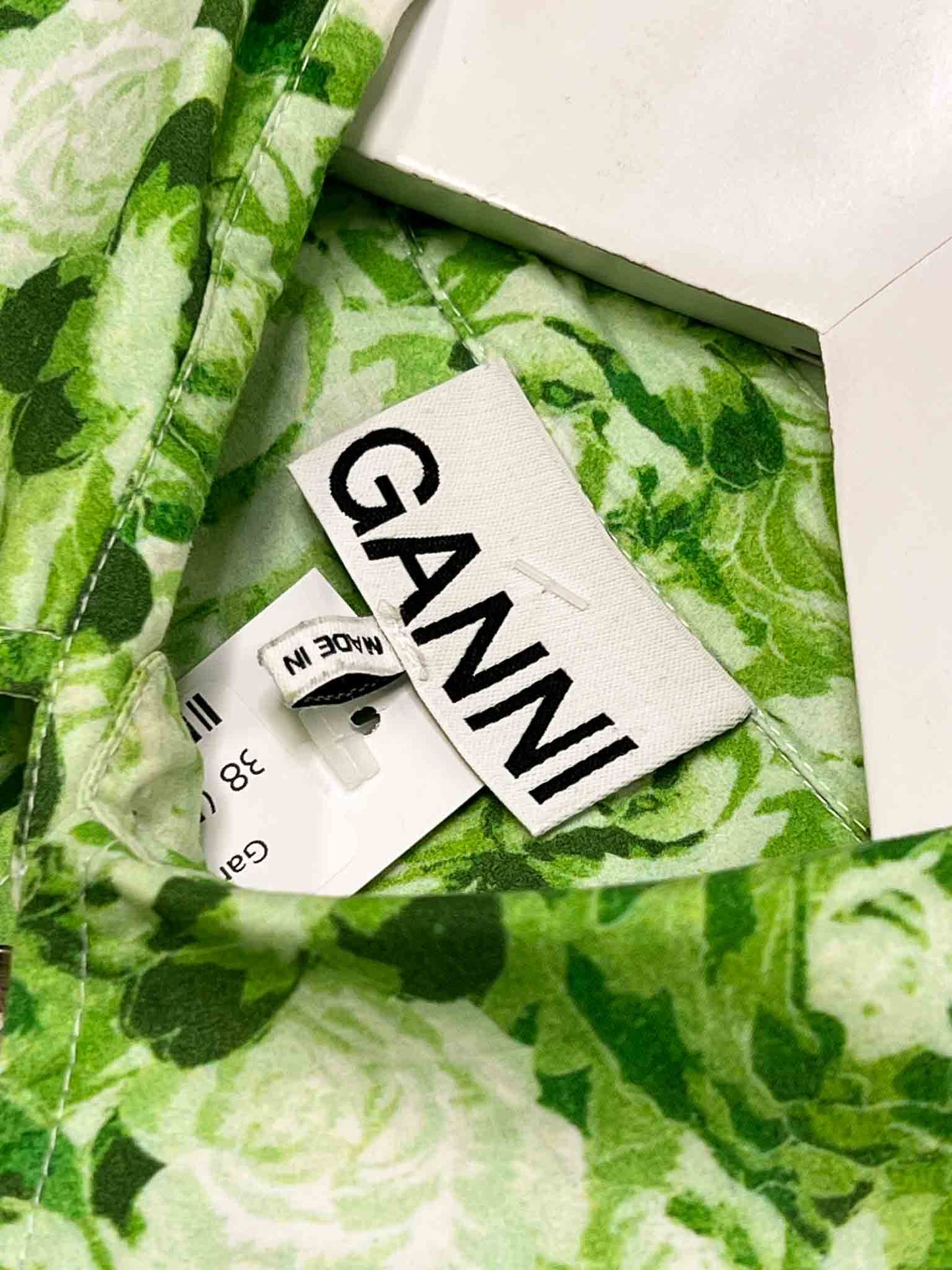 Size 38 (M) | Ganni Neon Green Cotton Rose Shirt