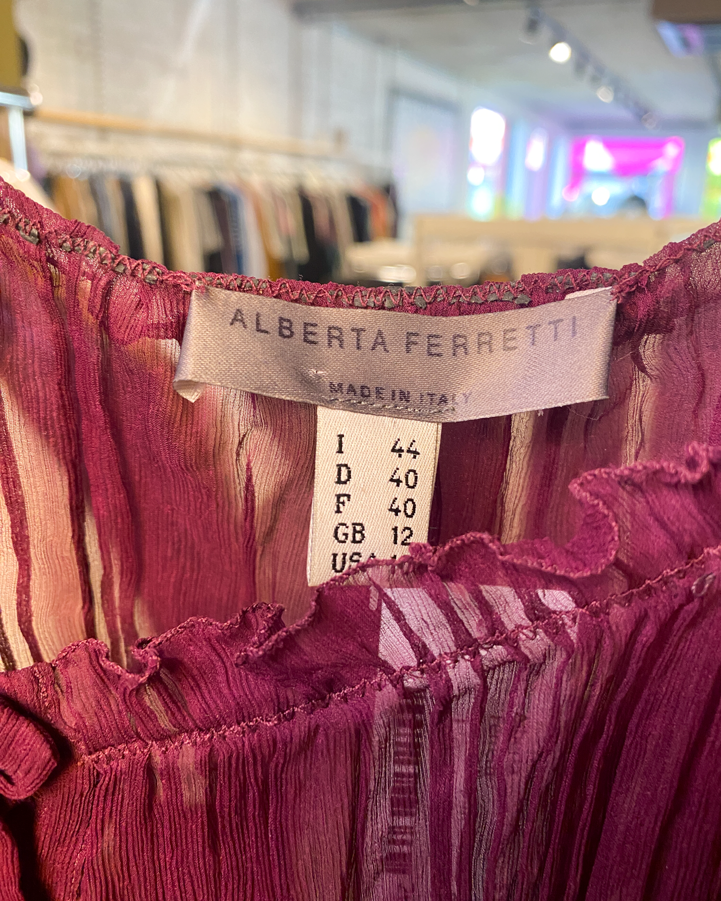 Size L | Alberta Ferretti Pleated Silk Peasant Top